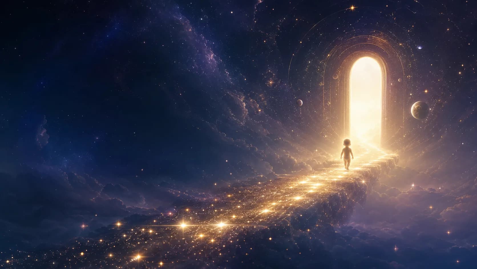 A child standing before a luminous portal