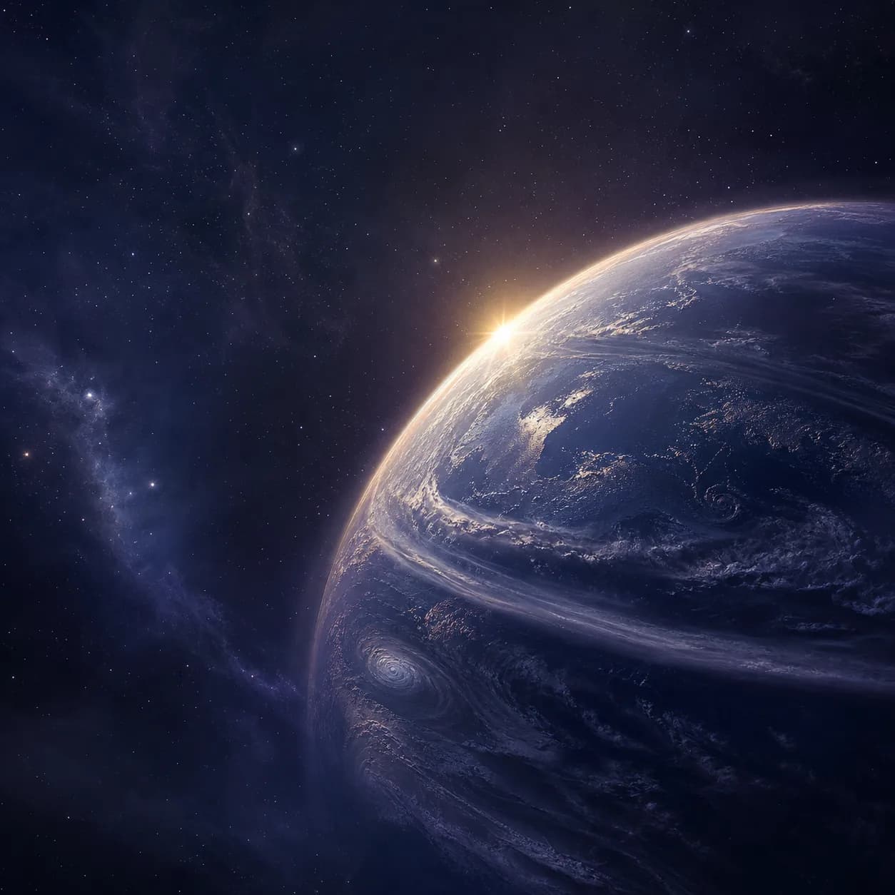 The luminous horizon of Planet Koerygise beneath two dawns