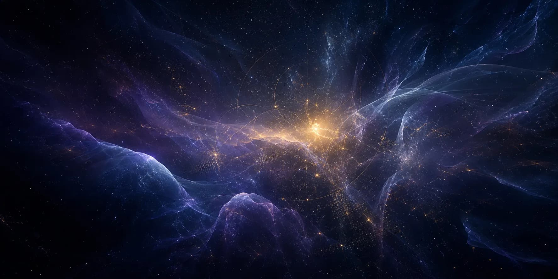 An abstract unknown universe of violet-blue cosmic mist, stars, and a luminous golden core