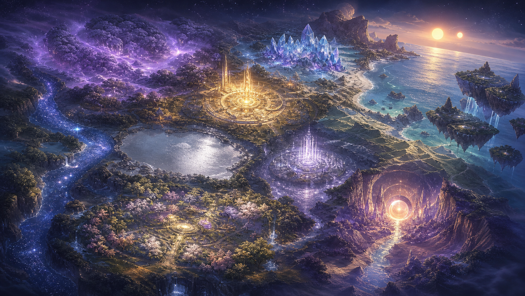 An aerial illustrated map of Planet Corijais with luminous landscapes and cosmic waterways